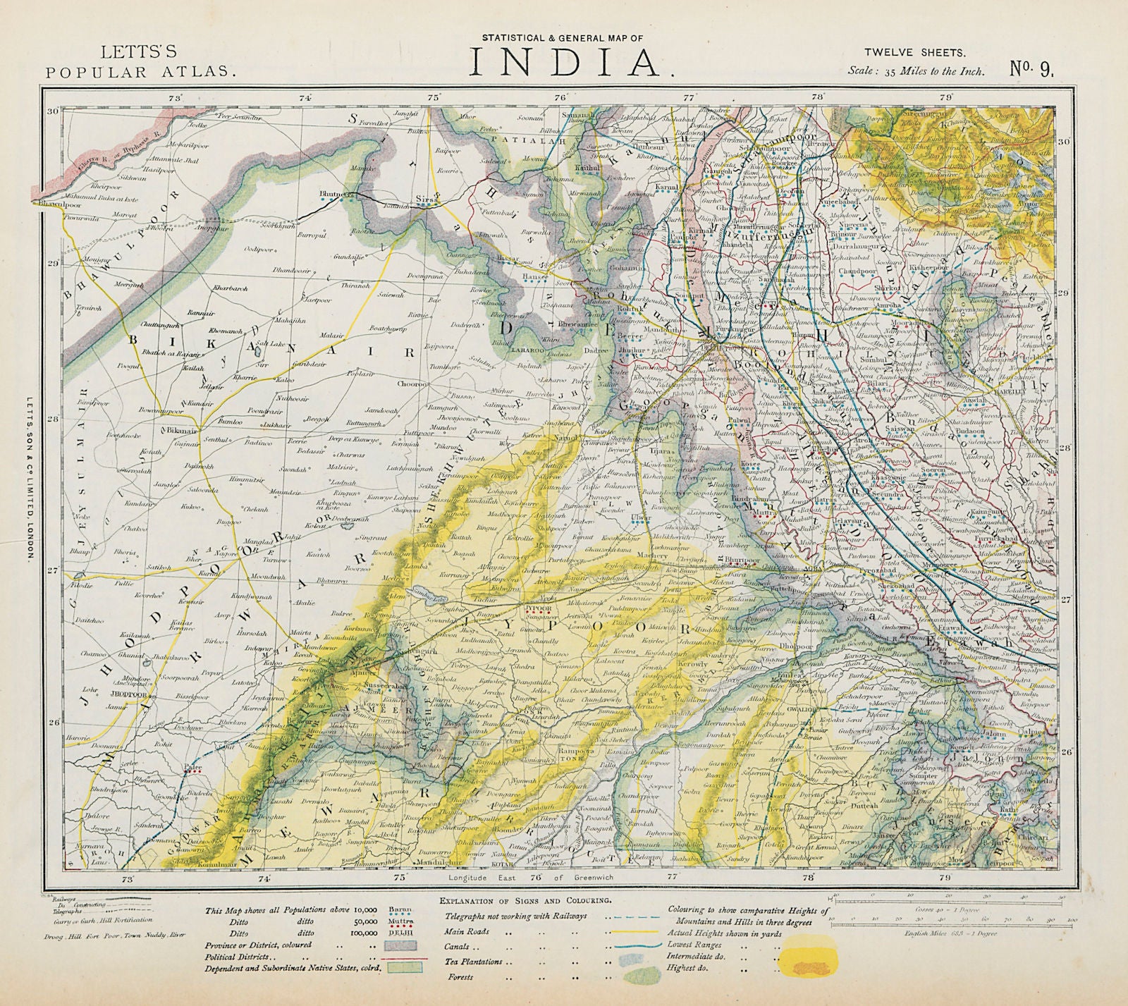 RAJASTHAN British India Delhi Jaipur Jodhpur Agra Tea plantations LETTS 1884 map